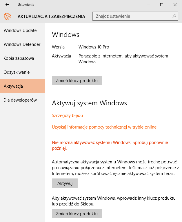 Windows 10 problem z aktywacją - kod błędu: 0xC004F034